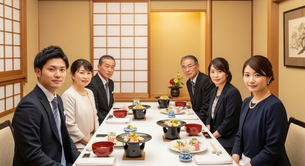松阪市の飲食店の個室で結納・両家顔合わせの食事会をする男性と女性、そしてその両親の合計６名