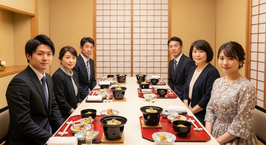 鳥羽市と志摩市の飲食店の個室で結納・両家顔合わせの食事会をする男性と女性、そしてその両親の合計６名