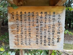 えんむすびの神の由来
当神社がこの地に鎮座された頃は
このあたり一円が松及び檜の有
林でありました。附近一帯を野松
原と称し和歌山別街道(熊野街道)
に沿い古来「縁結びの松」の名所
でありました。
その名残を受け神社境内にたんむ
すびの神として祀られております。
老若男女をとわず祈願をされ成就
された暁にはお礼参りをされております。
