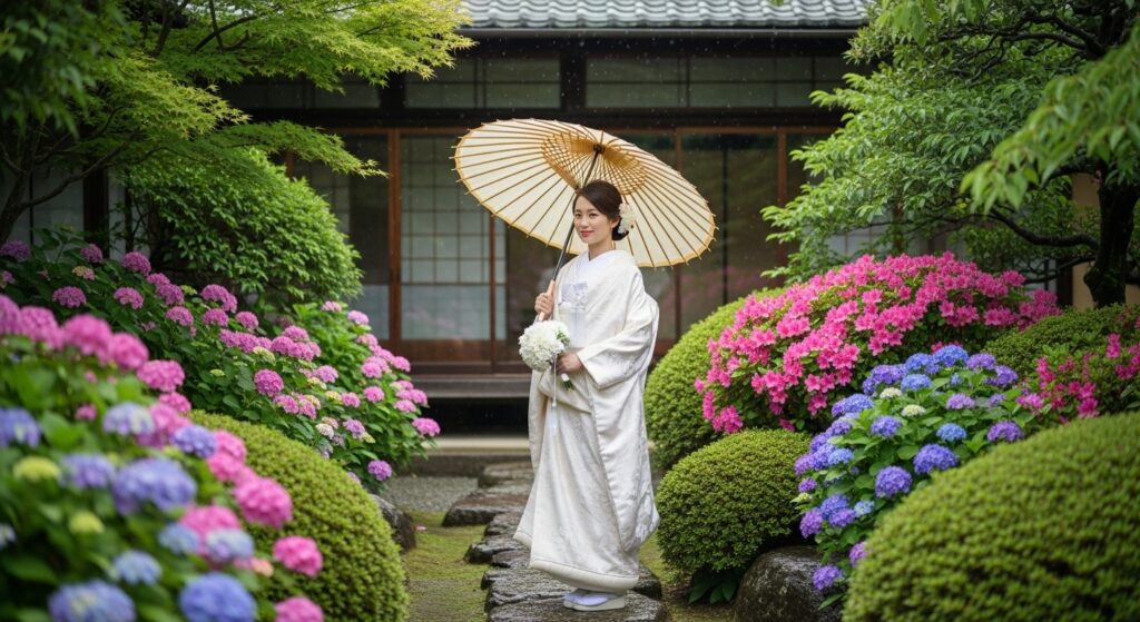 6月の梅雨時期ジューンブライドに結婚式をする花嫁