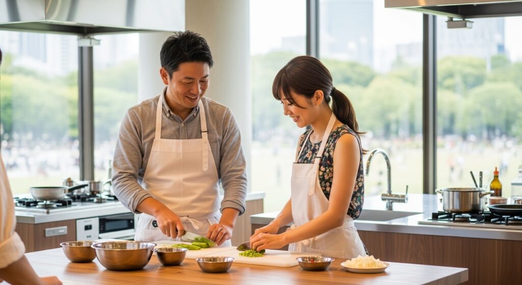 津市の料理教室に参加した男女