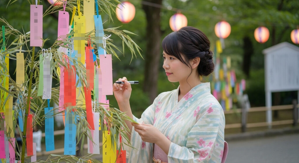 七夕の短冊に願いを込める女性