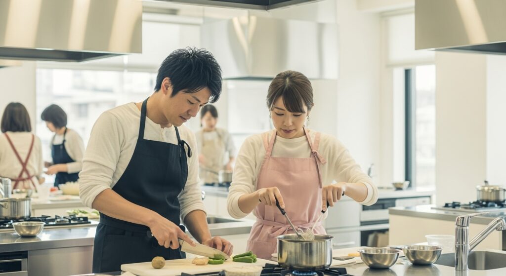 三重県の料理教室に参加する男性と女性