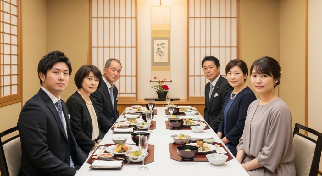 三重県の飲食店の個室で結納・両家顔合わせの食事会をする男性と女性、そしてその両親の合計６名