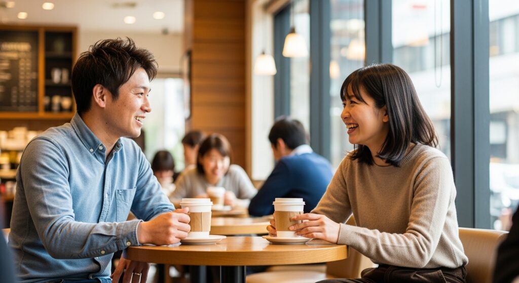 喫茶店で笑顔で話しをする３０代の日本人の男性と女性