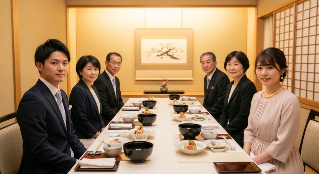 四日市の飲食店の個室で結納・両家顔合わせの食事会をする男性と女性、そしてその両親の合計６名