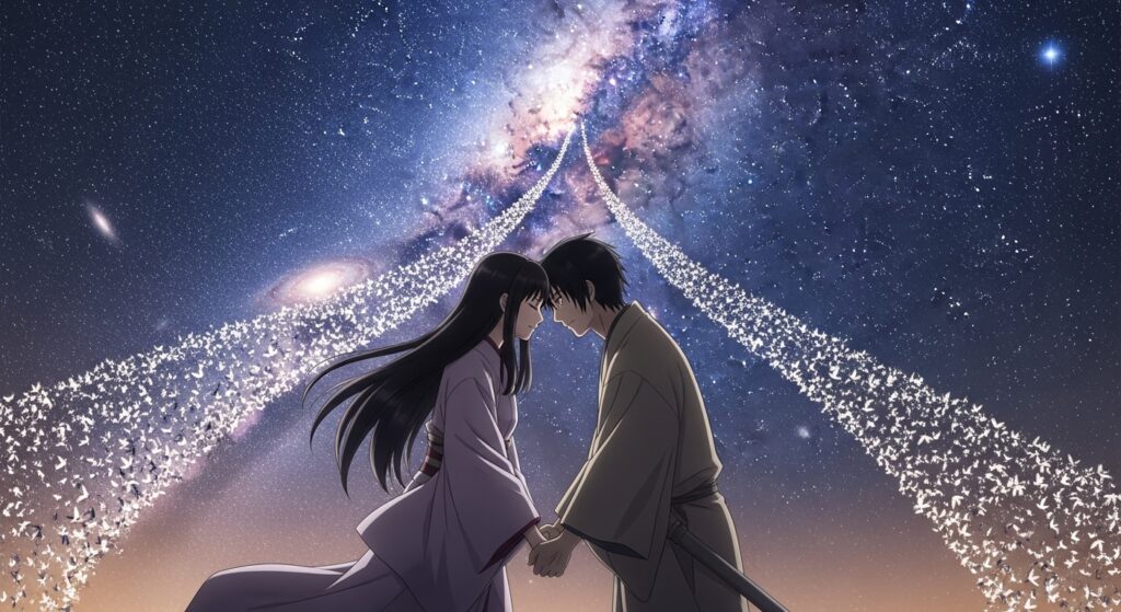 夜空の天の川を背景に、織姫（女性）と彦星（男性）が一年に一度、天の川に架かる「鵲橋」を渡って再会