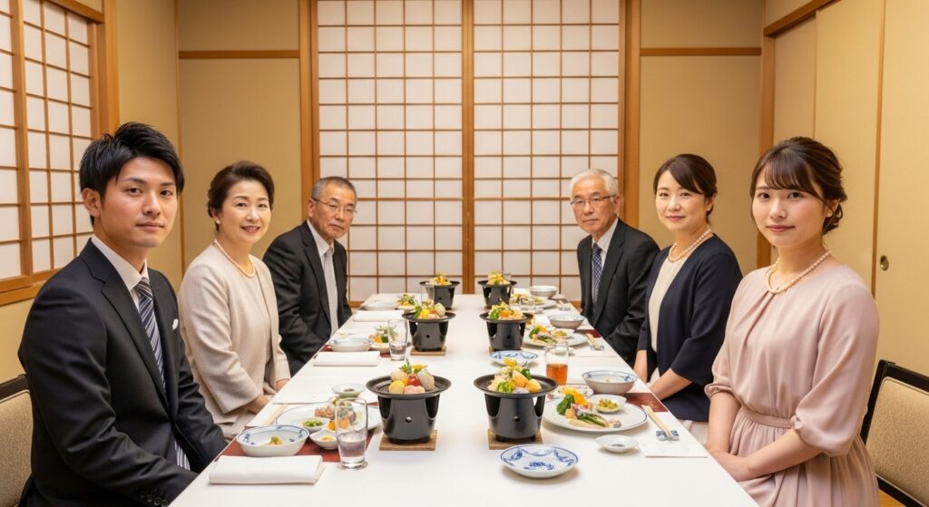 桑名市の飲食店の個室で結納・両家顔合わせの食事会をする男性と女性、そしてその両親の合計６名