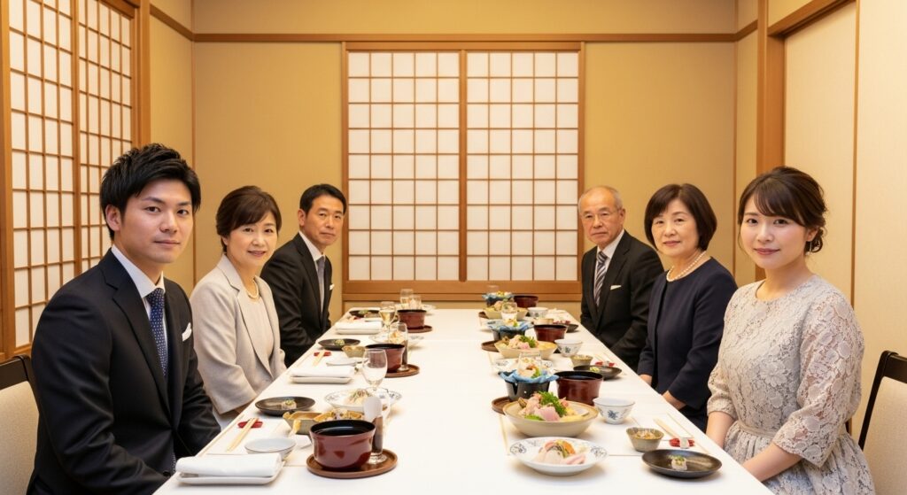 鈴鹿市の飲食店の個室で結納・両家顔合わせの食事会をする男性と女性、そしてその両親の合計６名