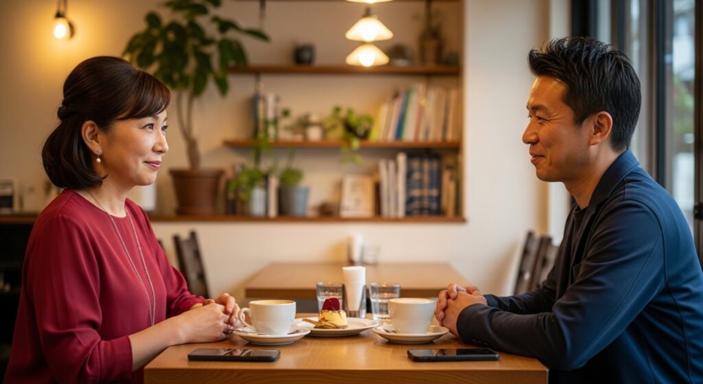 40代のバツイチ女性がカフェで男性と仲良く話す風景