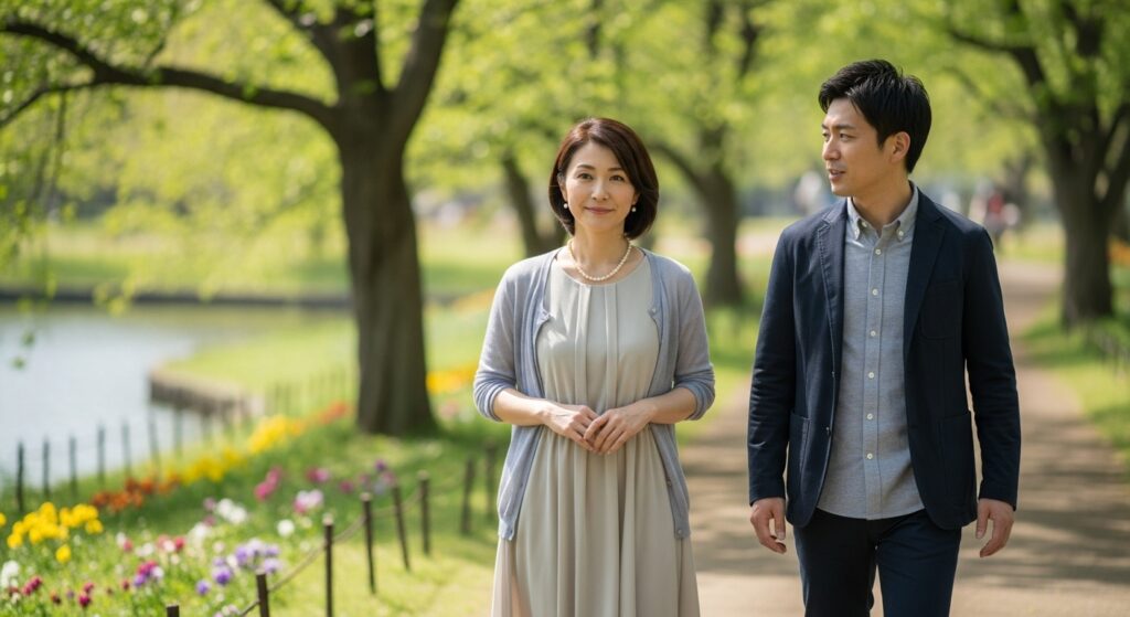 40代のバツイチ女性が結婚相談所で知り合った男性と公園を一緒に歩く姿