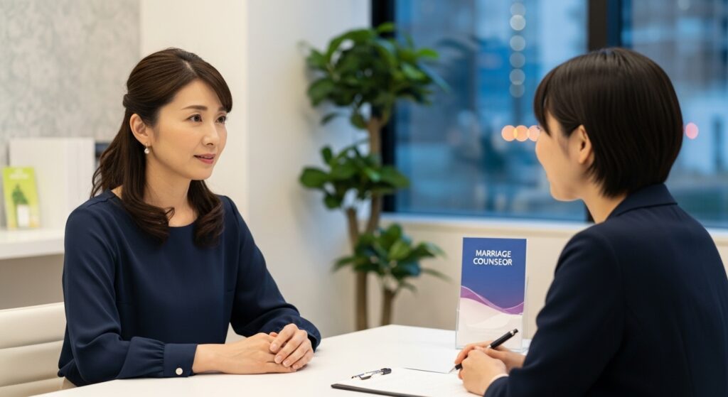 40代のバツイチ女性が結婚相談所の女性カウンセラーに悩みを相談する姿