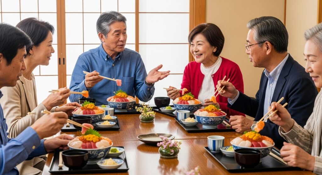 50代・60代シニアが仲良く海鮮丼を食べる男女