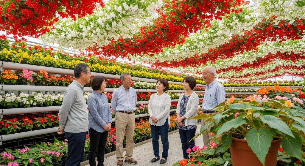 50代・60代シニアの男女が仲良く植物園を観光