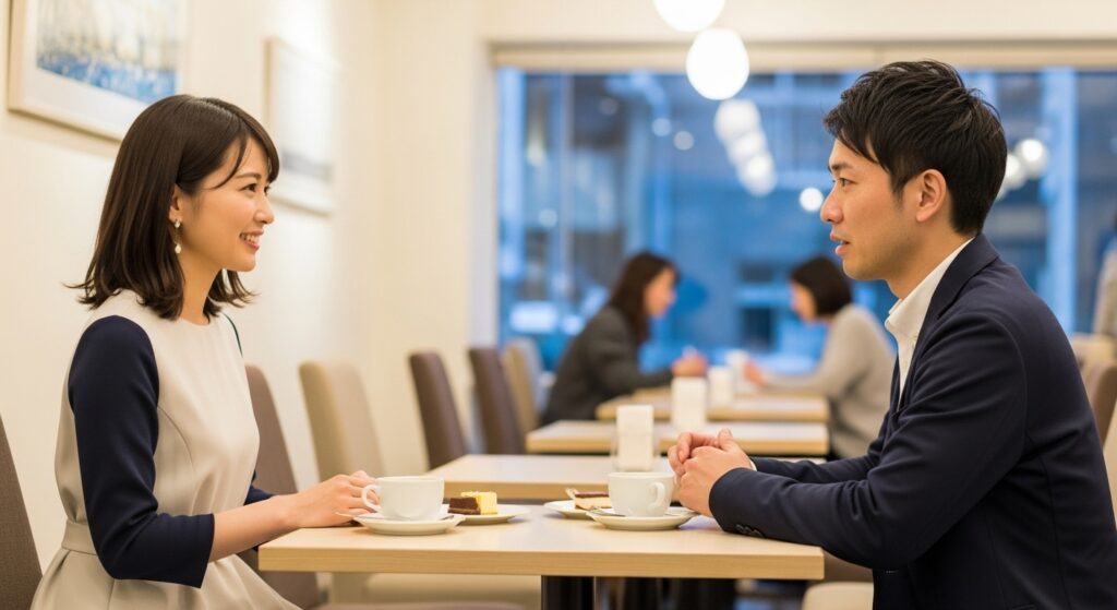 お見合いをする30代の日本人女性と男性