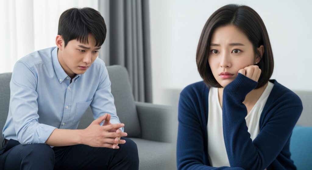 結婚についてソファに座って悩む30代の男性と20代の女性