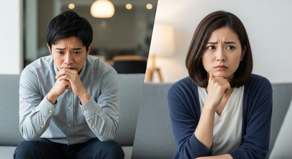 ソファーに座って悩む30代の男性と女性