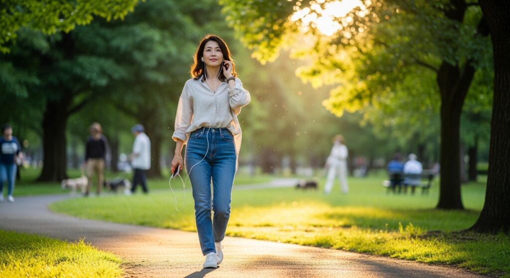 公園でイヤホンで音楽を聴きながらウォーキングする30代の女性