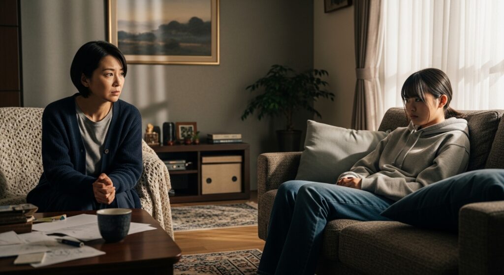 日本人の40代のバツイチ女性が18歳の子供と一緒にリビングで悩んでいる姿