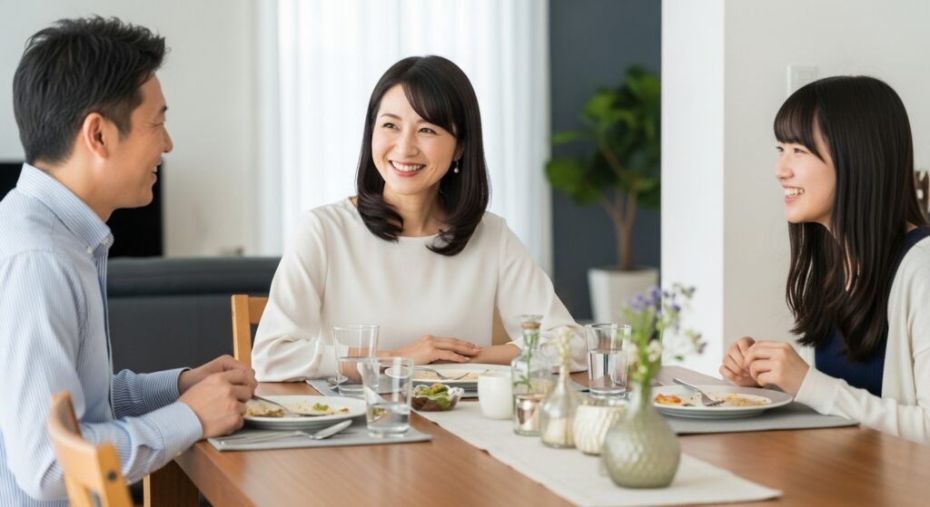 日本人の40代のバツイチ女性と子供が新しく結婚した男性と朝食を食べる姿