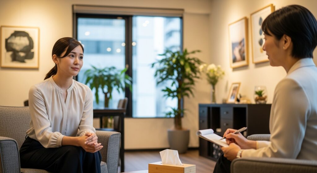 結婚相談所のカウンセラーに相談する30代の女性