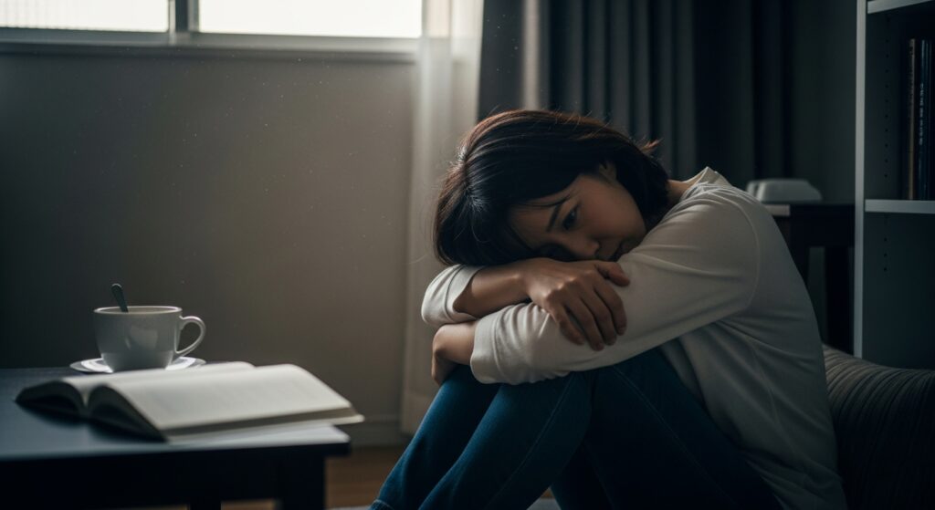 部屋にひとりぼっちで独身で寂しい孤独を感じる辛い表情の30代の女性