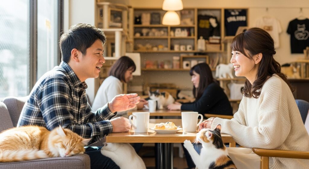 人気の猫カフェで楽しく笑顔で話す男性と女性