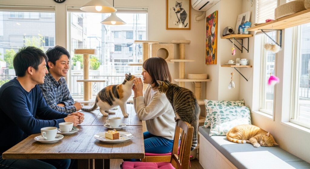 人気の猫カフェで楽しく話す男性と女性
