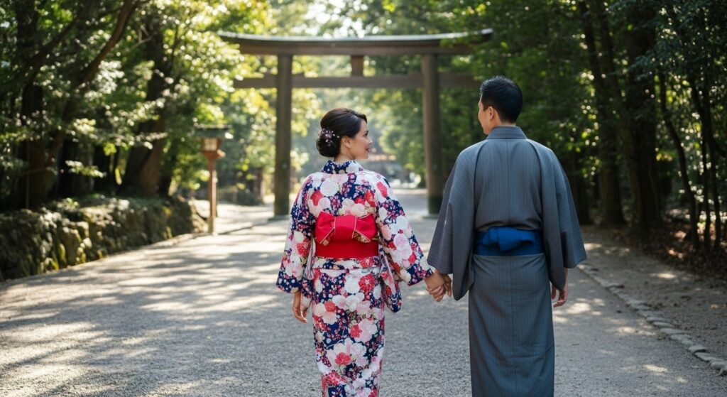 伊勢神宮内宮で浴衣・着物姿の男女カップル