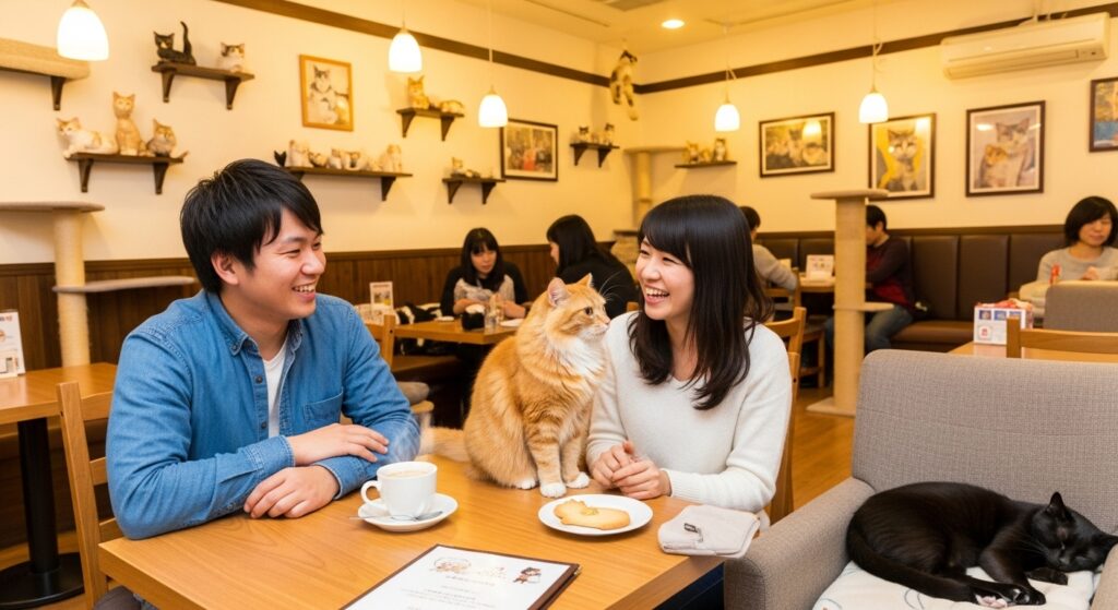 猫カフェで楽しく話す男性と女性