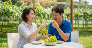 秋のシャインマスカット・ぶどう狩りの食べ放題デートを楽しむ男女2