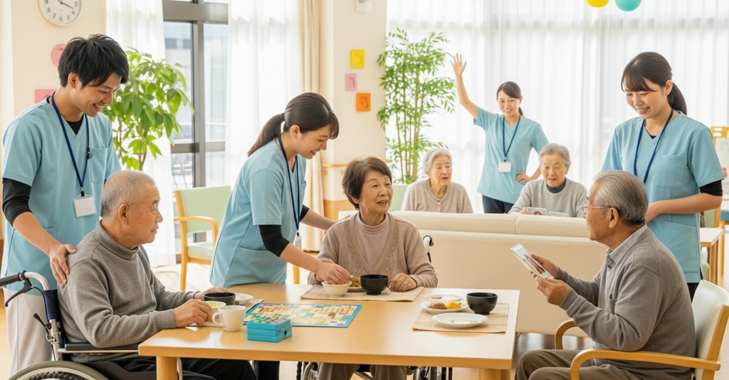 老人の介護施設で働く30代の日本人男女