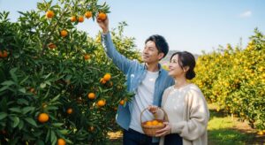 みかん狩りのデートを一緒に木からみかんをとる男女