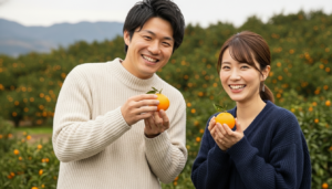みかん狩りデートを楽しむ男女