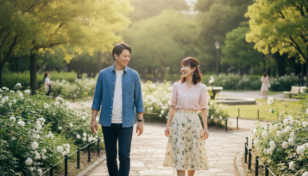 30代の男女が公園でデートする姿