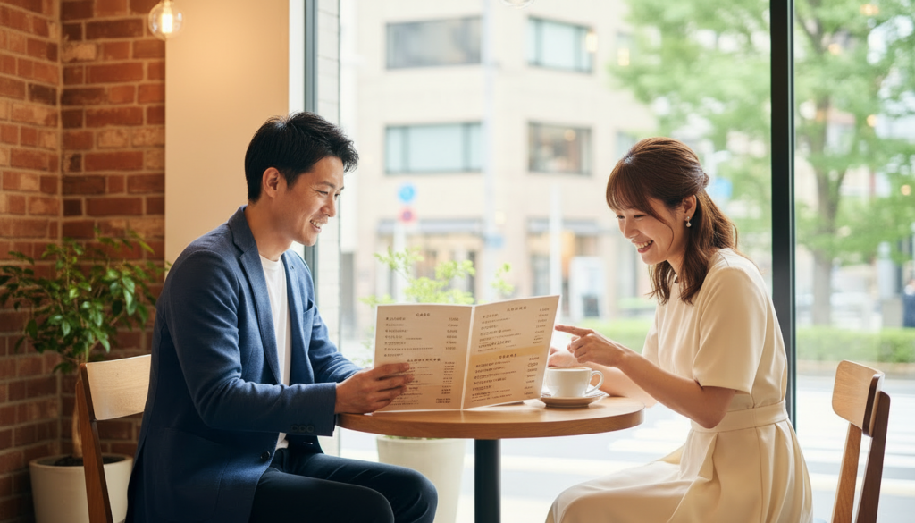 カフェでお見合いする30代の男性と女性