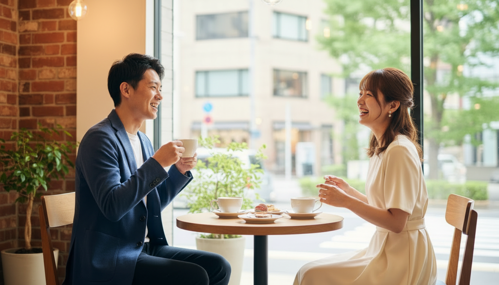 カフェで楽しく笑顔で話しをする30代の男性と女性