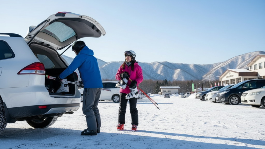 スキー場で、スキーの板や道具を車に片づける男女