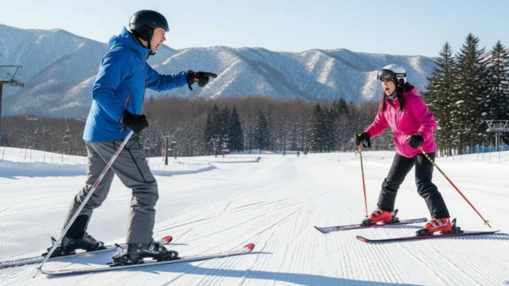 スキー場で、怒鳴って喧嘩する男女