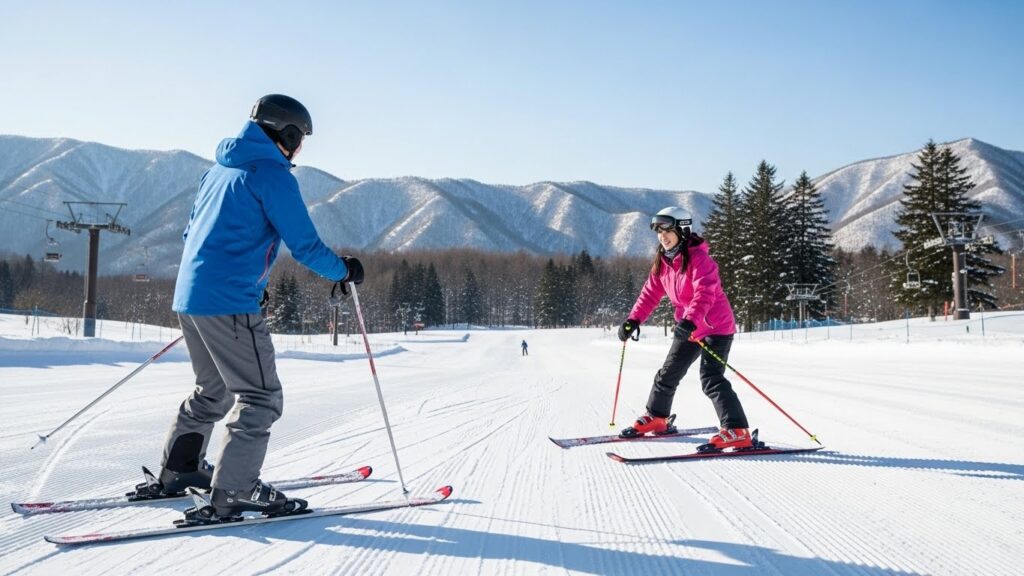 スキー場で初心者の女性に滑り方を教える男性2
