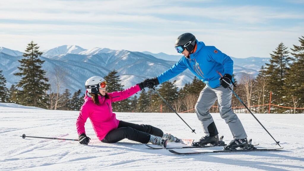 スキー場で転んだ女性を助ける男性2