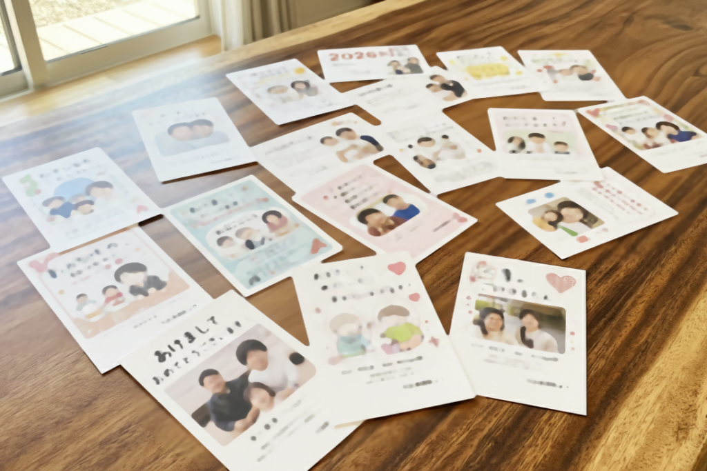 テーブルの上に2年賀状が散らばって置かれていている画像