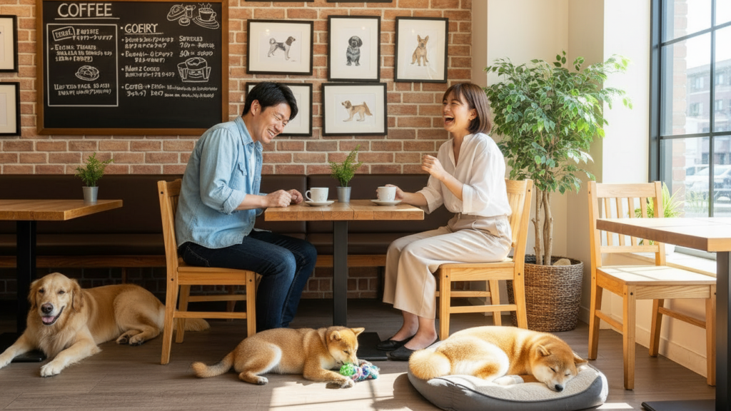 ドッグカフェで仲良くデートして笑顔の女性