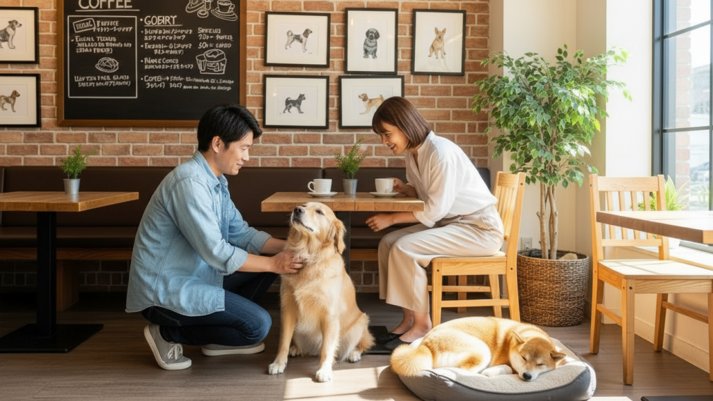 ドッグカフェで犬に触れる男性