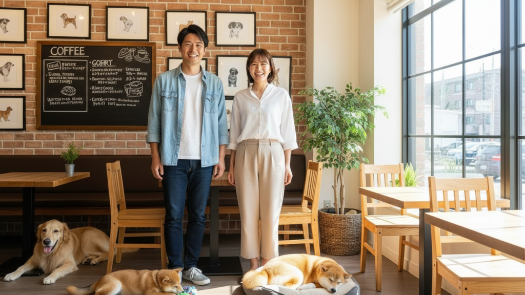 ドッグカフェで男女がテーブル前で立っている