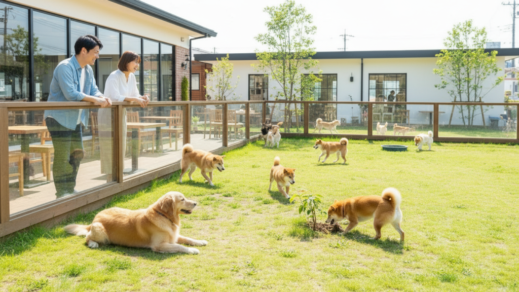 ドッグカフェに併設しているドッグランで犬を見るデート中の男女