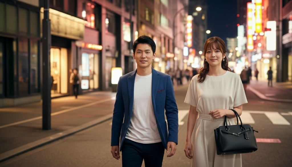 夜の街中を歩く30代の男性と女性