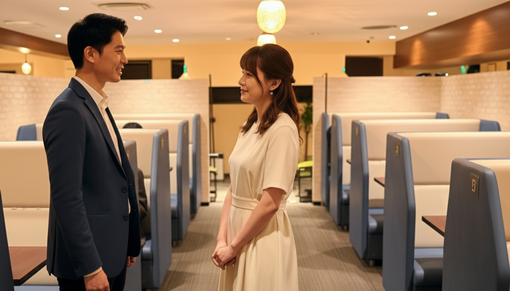 婚活パーティーで1対1の個室トークが終わって話す男性と女性