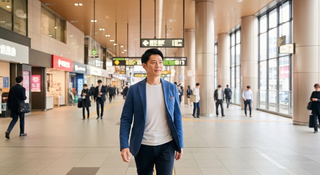 婚活パーティーに参加するため駅構内を歩く30代の男性