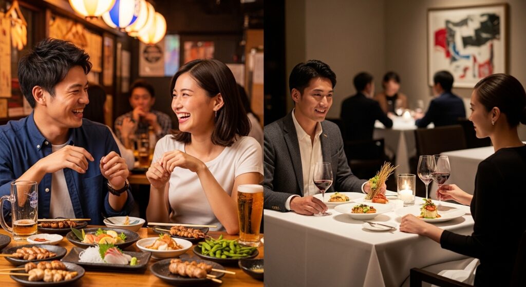 居酒屋でお酒を飲んで恋愛を楽しむ男女とおしゃれなお店でディナーを楽しむ婚活で結婚を考える男女